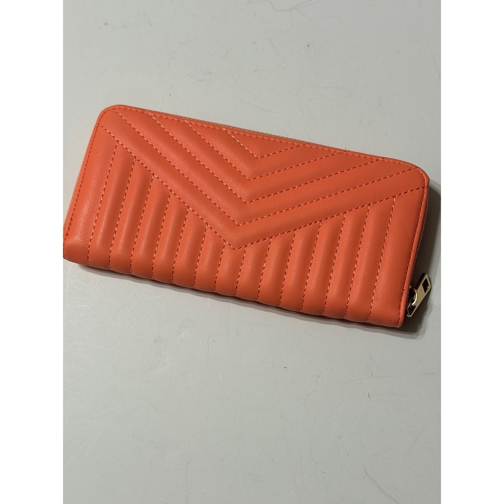 A New Day Coral Orange Quilted Chevron Zip Around Wallet Gold Tone Hardware